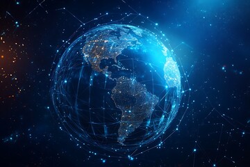 Poster - Global Network Connectivity World Map Surrounded by Interconnected Lines
