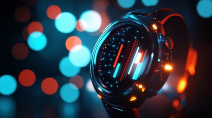 Poster - Futuristic smartwatch with glowing digital display, bokeh background.