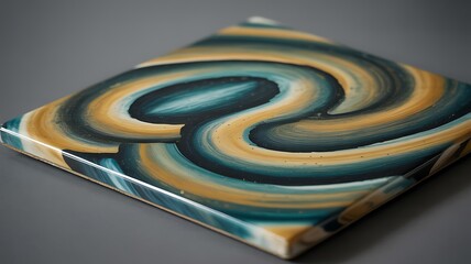 Poster - Detailed close-up of a square tile with abstract swirling pattern in teal and gold colors on