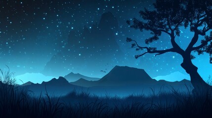 Wall Mural - starry night landscape with silhouetted mountains, tree, and grass.