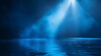 Poster - Blue spotlight illuminating smoky, reflective surface.