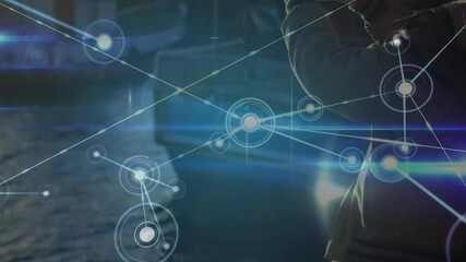 Poster - woman holding smartphone scanning harbor and activating tech network nodes forming mesh overlay