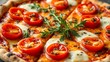© Steve - A close-up of vegetarian pizza with cherry tomatoes, melted mozzarella, and fresh oregano garnish.