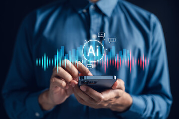 Aufkleber - Voice AI assistant interface with soundwave and chatbot icon on smartphone. AI voice recognition, smart digital assistant, speech-to-text, and conversational technology for mobile devices.