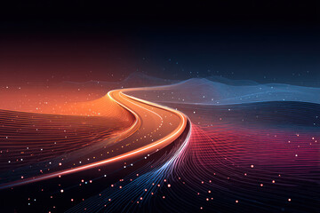 Poster - A winding road glows with vibrant light amidst a backdrop of abstract, colorful waves and digital textures during dusk
