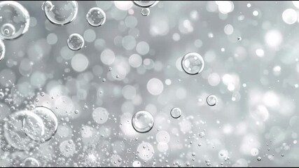 Poster - Transparent bubbles floating softly over shimmering silver background, generating delicate luminous atmosphere with gentle ethereal motion