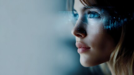 Poster - A woman with a focused expression gazes into a futuristic digital display