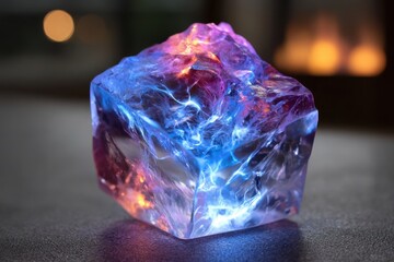 Poster - Colorful translucent crystal glowing with vibrant light during evening indoors