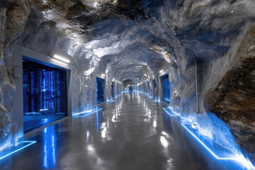 Poster - Underground data center illuminated with blue lights in rocky environment