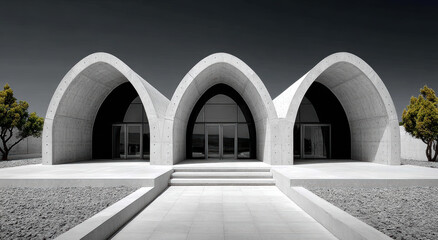 Poster - Modern architectural building with three concrete arches and minimalist design. structure is surrounded by stark landscape