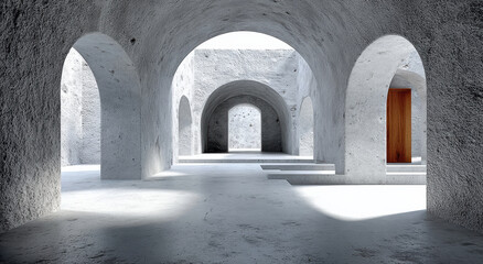 Poster - Minimalist architectural space with concrete arches and single wooden door creates serene atmosphere