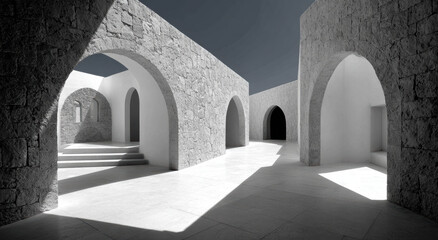 Poster - Modern architectural courtyard with stone arches and minimalist design, casting dramatic shadows