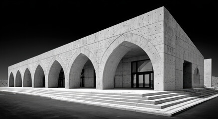 Poster - Modern concrete building with arched entrances and minimalist design stands against stark sky