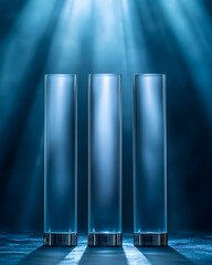 Fototapete - Three frosted glass cylinders on a dark surface, illuminated by dramatic blue lighting, creating a sleek and modern aesthetic. Perfect for product displays or abstract concepts.