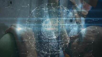 Poster - Three teammates huddling mesh forming and merging network sphere showing technology bond