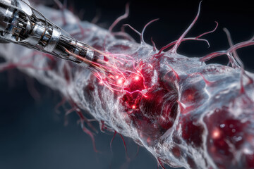 Poster - Futuristic robotic technology interacts with nerve cells in a scientific lab setting