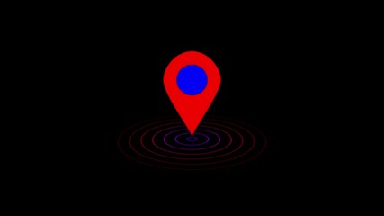 Poster - Simple red and blue location pin icon with purple concentric circles on a black background