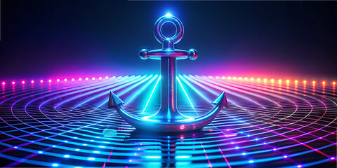 Poster - An anchor stands prominently in the center, illuminated by vibrant neon lights. Colorful beams radiate outward, forming a dynamic and engaging environment at night