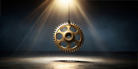 Poster - A large, metallic gear hangs from a ceiling light, illuminated by a soft spotlight. The gear's intricate design contrasts with the dark background, creating a dramatic industrial effect