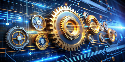 Poster - Golden gears are meticulously arranged against a vibrant digital background filled with circuit patterns and glowing lines, representing advanced technology and innovation