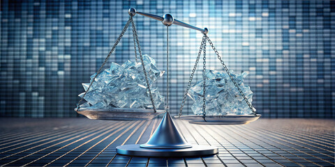 Poster - Two metal trays filled with ice cubes sit balanced on a scale in a contemporary environment. The shimmering backdrop enhances the focus on the delicate equilibrium