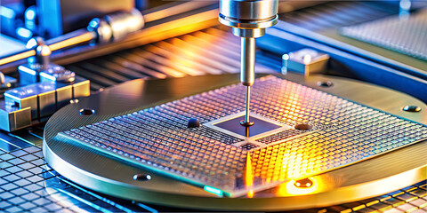 Poster - A close-up view of a semiconductor manufacturing process highlights precision machinery working on microchips. The assembly takes place in a high-tech facility that emphasizes accuracy and innovation