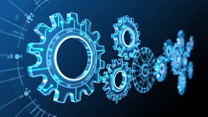 Poster - Various translucent gears are displayed in a blue setting, symbolizing the integration of technology and innovation in a contemporary design. The arrangement highlights motion and connection