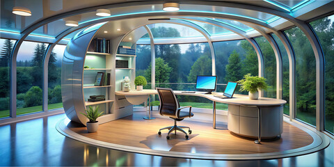 Poster - A contemporary office features curved architecture and expansive windows, providing an open view of lush trees outside. Natural light enhances the workspace atmosphere