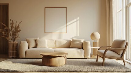 Aufkleber - Modern living room interior with beige sofa, wooden furniture, neutral decor, and soft natural light, perfect for home design showcases, furniture catalogs, and mockups