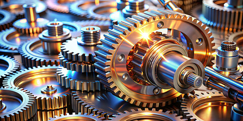 Poster - A collection of polished metal gears of various sizes interlocked, reflecting light beautifully, highlighting their engineering precision and the complexity of mechanical systems