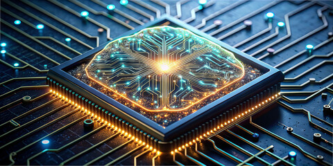 Poster - A captivating close-up reveals a glowing microprocessor at the center of a complex electric circuit board. Intricate wiring and luminous details create a modern, high-tech feel