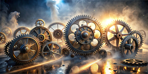 Poster - An intricate display of various metallic gears is illuminated by dramatic lighting, surrounded by wisps of smoke, creating an industrial atmosphere full of movement and depth
