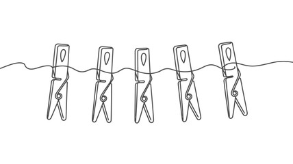 Poster - Minimalist single line drawing of five clothespins hanging on a clothesline