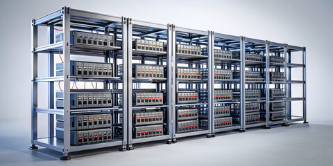 Poster - A series of advanced computer server racks filled with numerous storage units are organized in a modern industrial environment, showcasing technology and efficiency