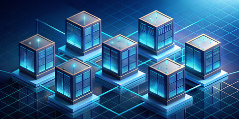 Poster - A cluster of advanced servers is arranged in a grid pattern, illuminated by blue lights that emphasize their sleek design