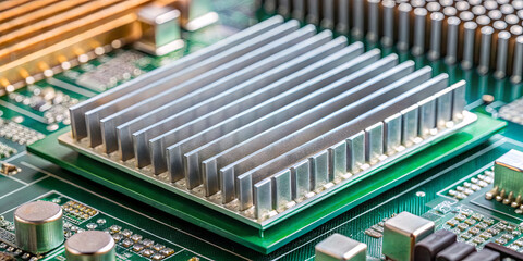Poster - A close-up view highlights a heat sink mounted on a green circuit board. This component plays a crucial role in regulating temperature for electronic devices