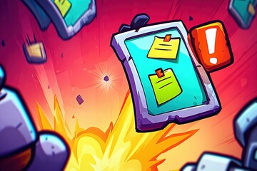 Poster - Colorful explosion of game elements with clipboard and notifications in animated design style