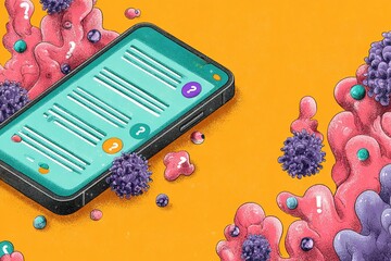 Poster - Vibrant digital illustration of smartphone surrounded by colorful cellular structures on a bright orange background