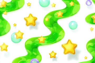 Poster - Colorful star and bubble design with green waves on a white background showcasing a vibrant pattern