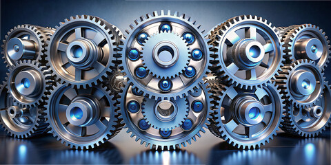 Poster - Intricate arrangement of metallic gears with highlights creates a visually dynamic effect. The design emphasizes the beauty of engineering, featuring detailed craftsmanship and harmony