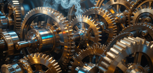 Poster - A close-up view of numerous gleaming metallic gears with intricate designs, highlighting steam rising from the machinery in a well-lit workshop, capturing the essence of engineering