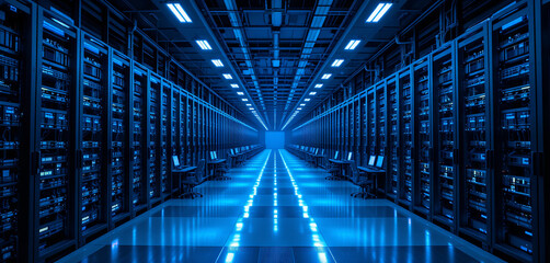 Poster - Rows of server racks are illuminated by blue lights in a high-tech data center. Workstations are visible along the sides, emphasizing the advanced infrastructure and technology
