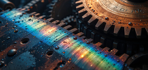 Poster - Close-up view of intricate gears covered in droplets of moisture, reflecting soft light and showcasing vibrant colors in a mechanical setting. The image captures the beauty of engineering