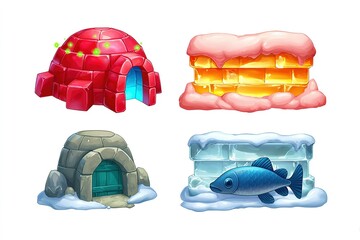 Poster - Colorful ice structures with igloos and fish illustrations suitable for winter-themed designs and games