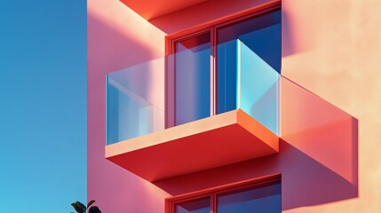 Poster - Modern architecture highlights colorful balcony design at sunset in urban setting with clear blue skies