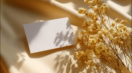 Poster - Soft sunlight highlights a blank card and dried flowers on a textured surface in a cozy setting
