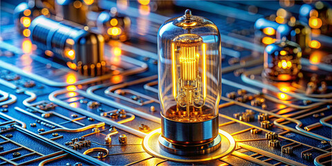 Poster - A vintage vacuum tube glows warmly on a complex circuit board, surrounded by metallic components and illuminated by soft, ambient lights, showcasing technology's evolution