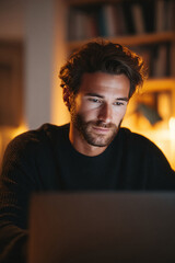 Poster - Intense focus. Man working on laptop late at night in warm light. Concept for remote work, creative work, study, concentration, or dedication. Great for business or lifestyle.