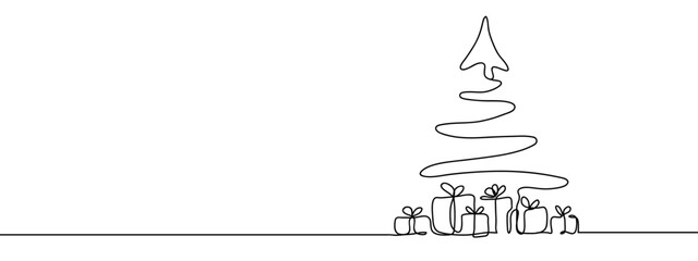 Wall Mural - Continuous line, Christmas tree, Christmas day Minimal hand drawn line vector cut out background editable stroke.