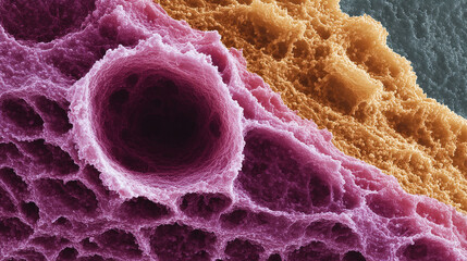Poster - Intriguing microscopic view of porous structure. Vivid colors accentuate the complex surface. Conceptual image for science, medicine, research, or technology.